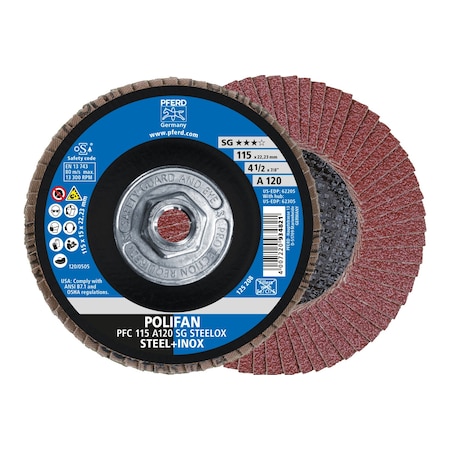 Pferd 4-1/2" x 5/8-11 Thd. POLIFAN Flap Disc - A SG STEELOX, Aluminum oxide, 120 Grit, Conical 62305